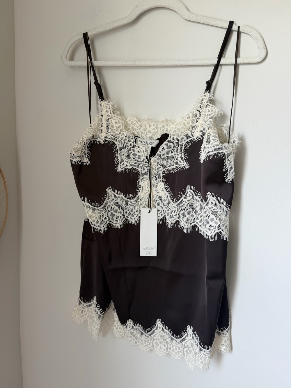Rachel Zoe Black Satin Cami with Cream Lace Trim